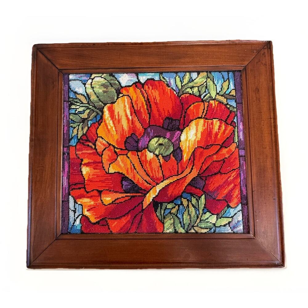 Vintage Janlynn Poppies Stained Glass Needlepoint Framed Nancy Rossi Floral